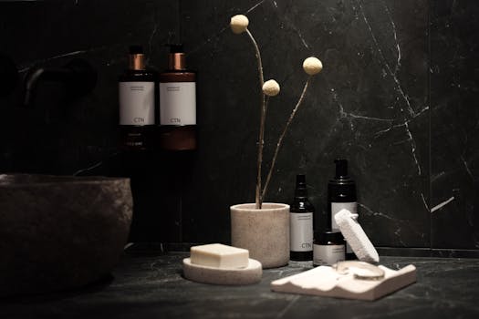 A minimalist spa scene with elegant skincare products, soap bars, and delicate decor on a dark marble countertop.
