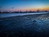 日落时分，工业港口一片繁忙，起重机的剪影映在冰冷的水面上