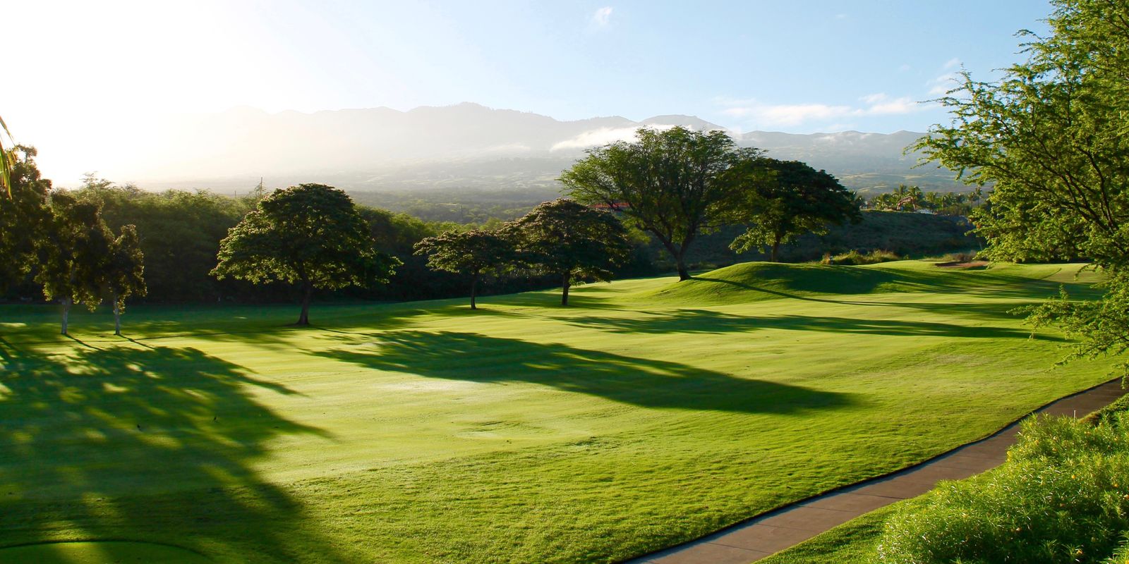 Lush green golf course surrounded by trees and mountains