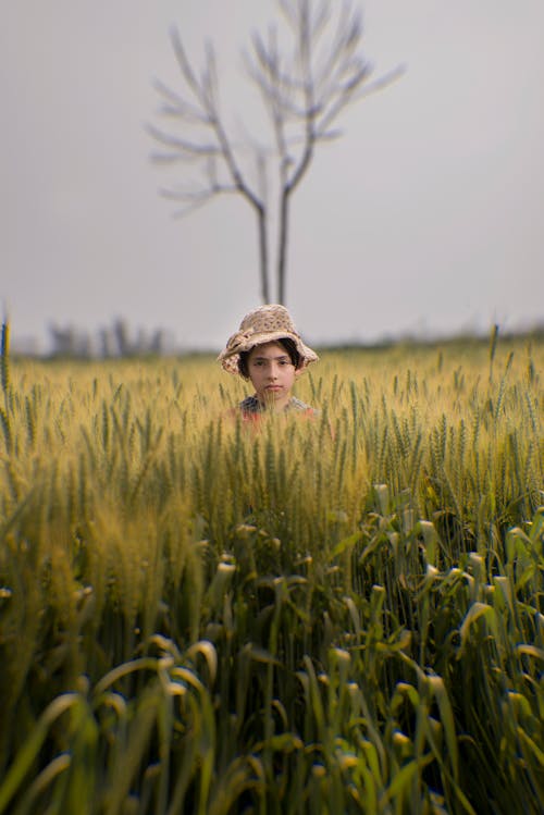 Free Toddler Wearing Brown Hat in the Middle of Green Field Stock Photo