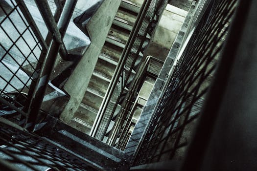 自上而下的视角中，混凝土楼梯间与金属栏杆构成了几何图案