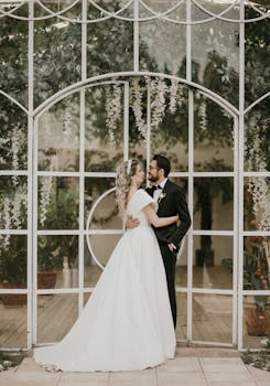 A bride and groom share a romantic moment in front of decorative arch indoors.