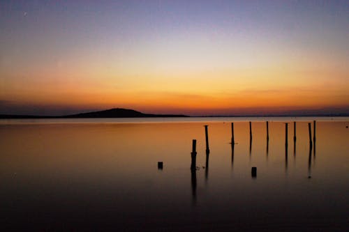 ahşap kütükler, akşam karanlığı, deniz kenarı içeren Ücretsiz stok fotoğraf