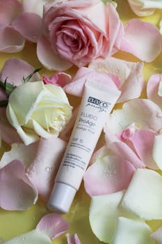 A skincare product tube surrounded by delicate rose petals, conveying elegance and luxury.
