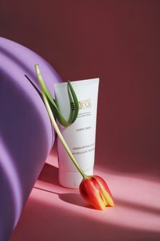 Close-up of a skincare product with a tulip on a pink background, ideal for beauty and cosmetics.