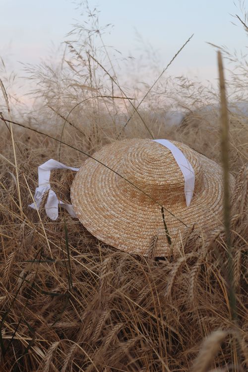 Free Golden straw hat in a natural wheat field during sunset, perfect for pastoral themes. Stock Photo