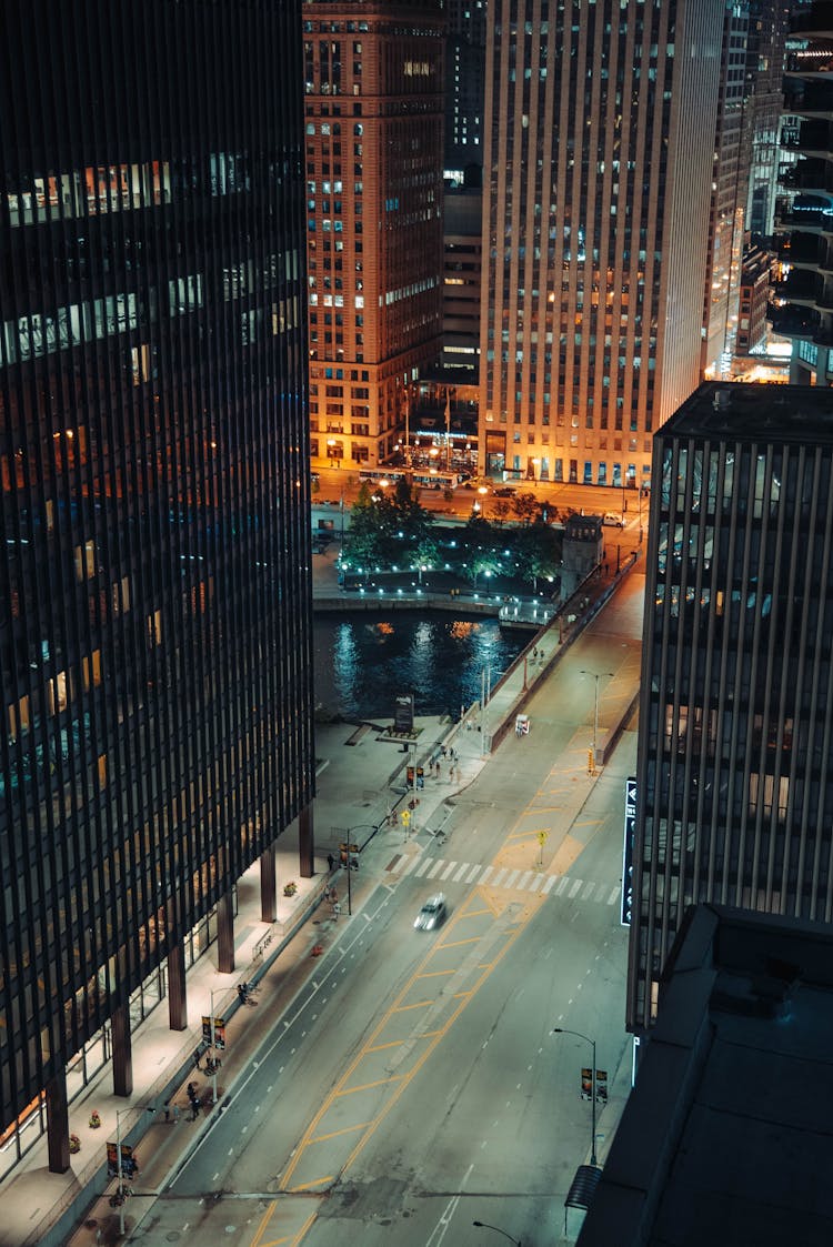 High Angle View Of A City Street At Night