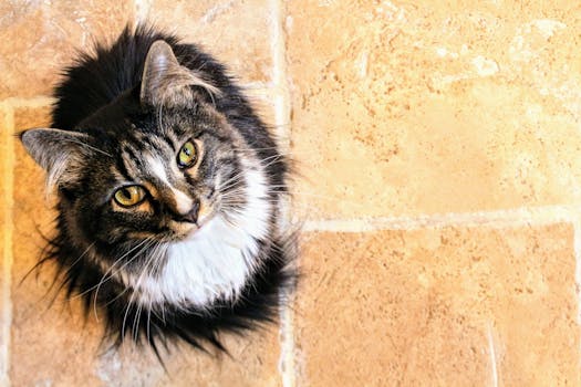 一只虎斑猫睁着敏锐的眼睛，在瓷砖地板上向上看的特写