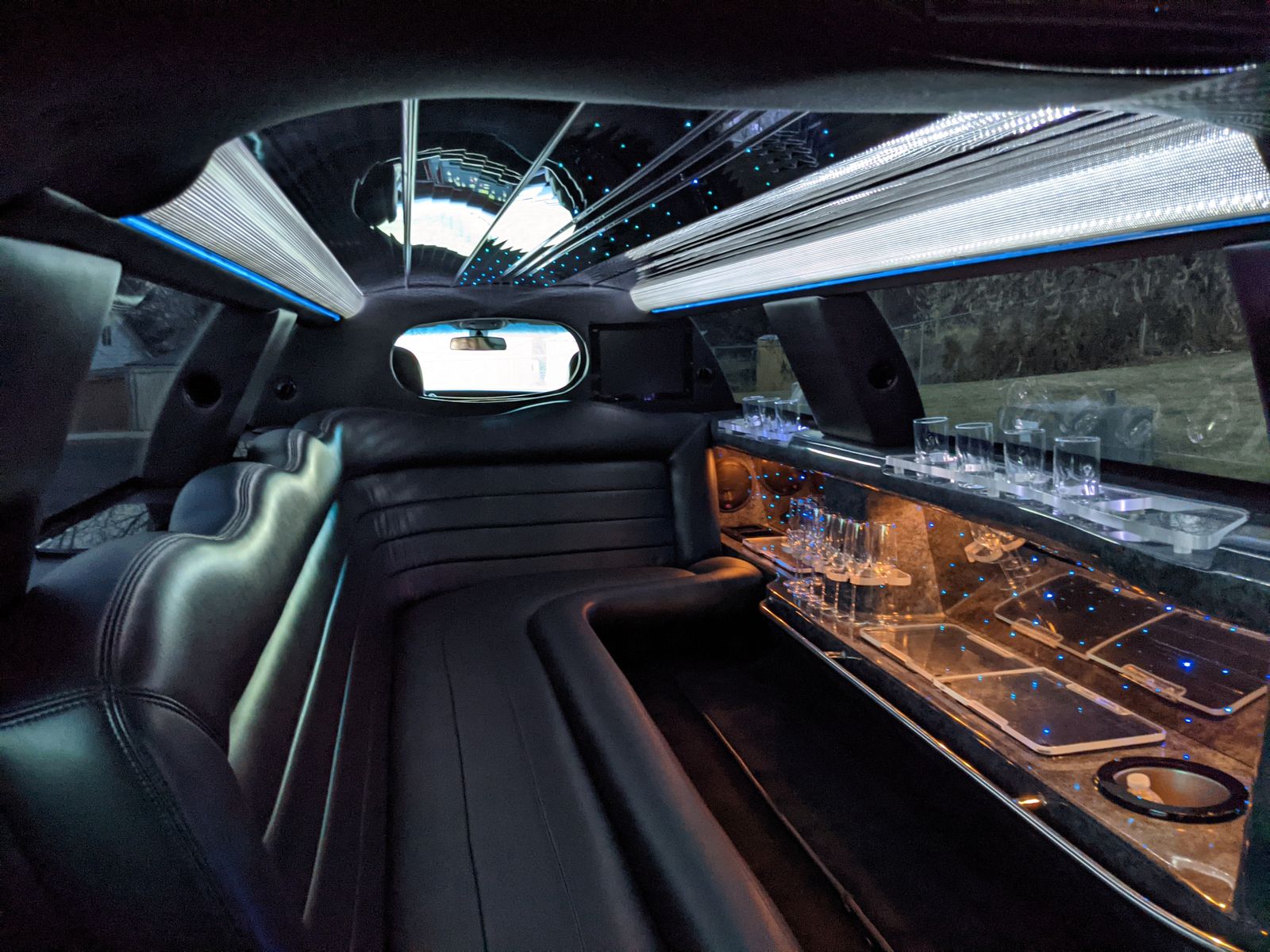 Plush leather interior of a luxury limousine