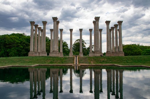 Serene reflection of iconic National Capitol Columns at the National Arboretum, Washington D.C.