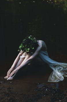 Artistic portrait of a woman in a white dress by a dark water setting, with floral headwear.