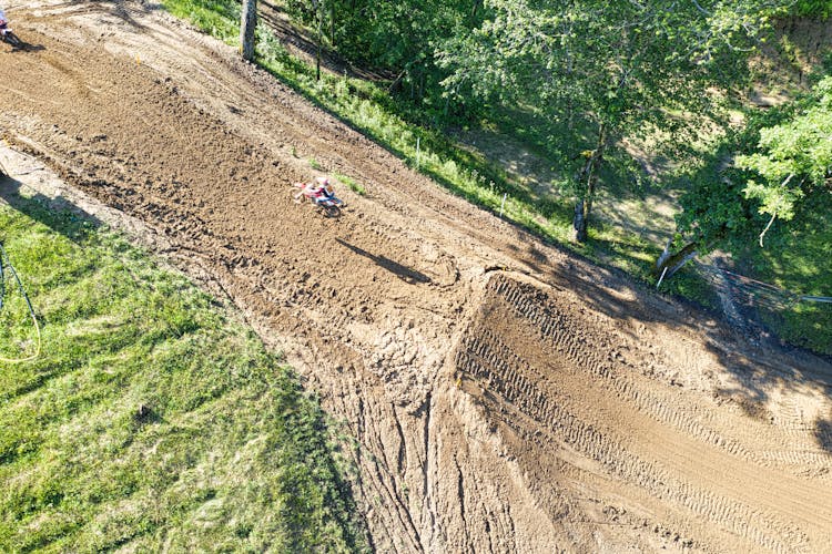 Top View Of A Motocross Race On A Dirt Track 