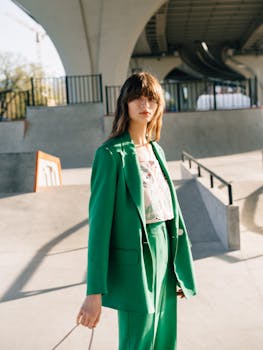 Stylish woman wearing a green suit, standing confidently outdoors under a modern structure.