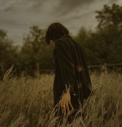 Free Person walking through a grassy field in gloomy weather, capturing solitude and nature. Stock Photo