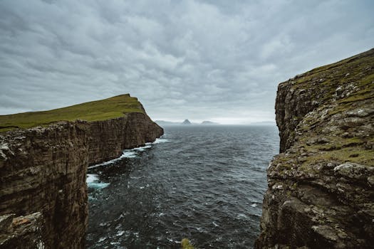 Captivating view of coastal cliffs and ocean in the Faroe Islands, capturing nature's raw beauty.