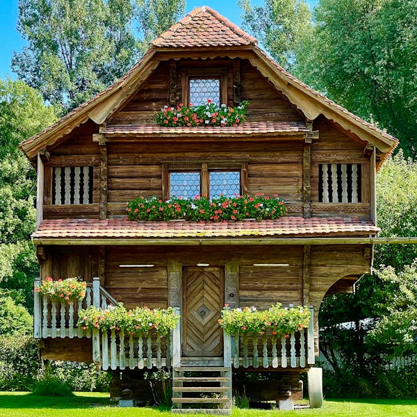 Beautiful wooden house surrounded by green trees