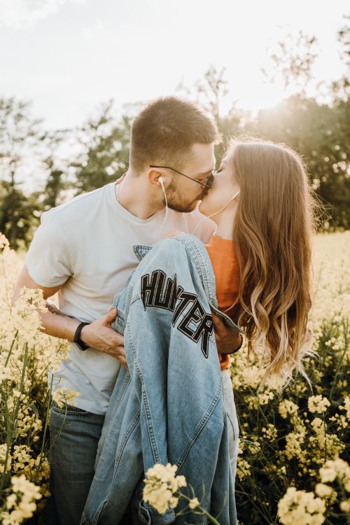 Free A couple sharing an affectionate moment in a sunlit flower field, exuding romance. Stock Photo