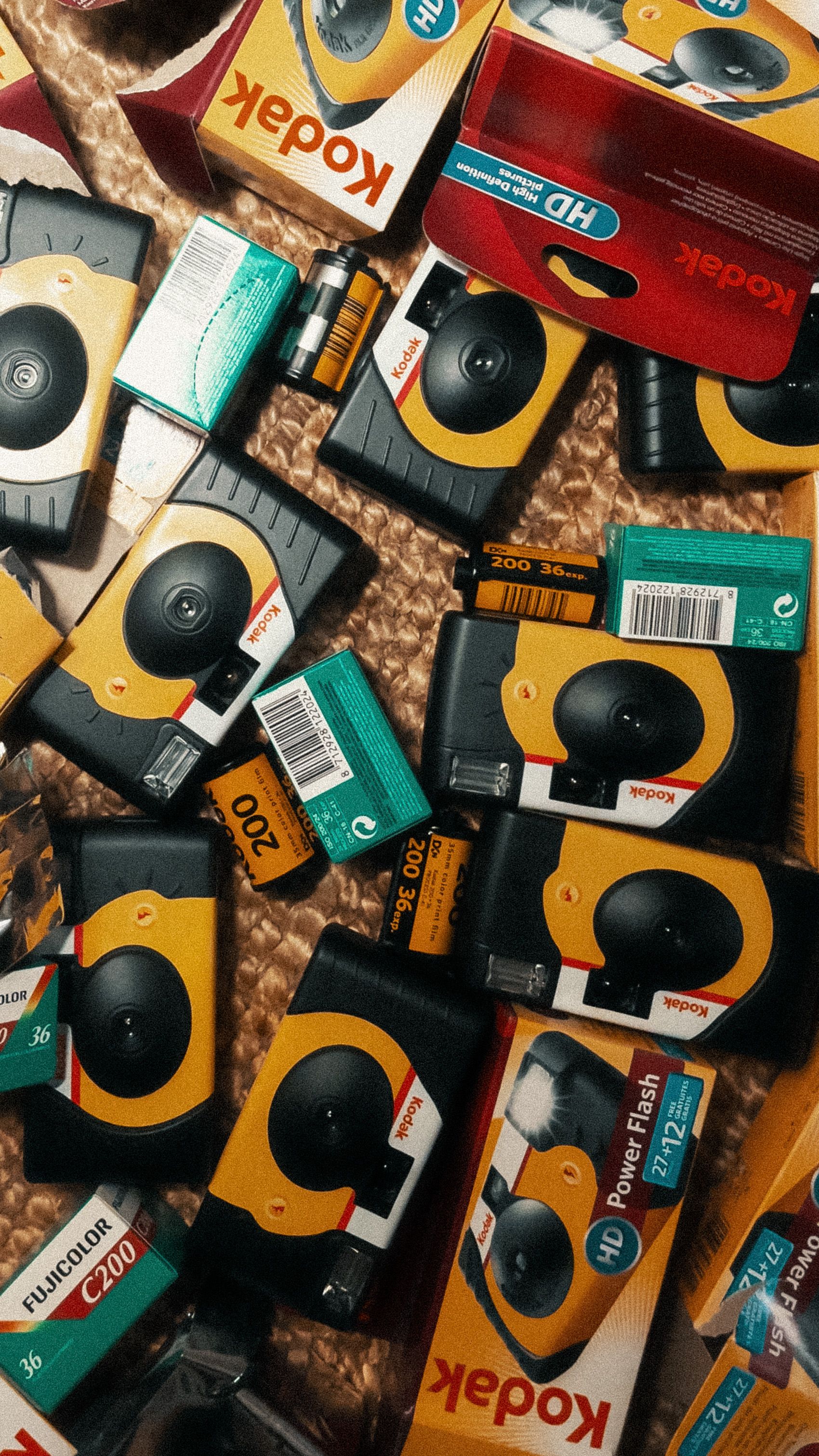 A flat lay of disposable film cameras