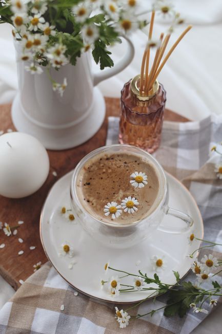 A charming setup of coffee surrounded by chamomile flowers and elegant decor on a cozy afternoon.