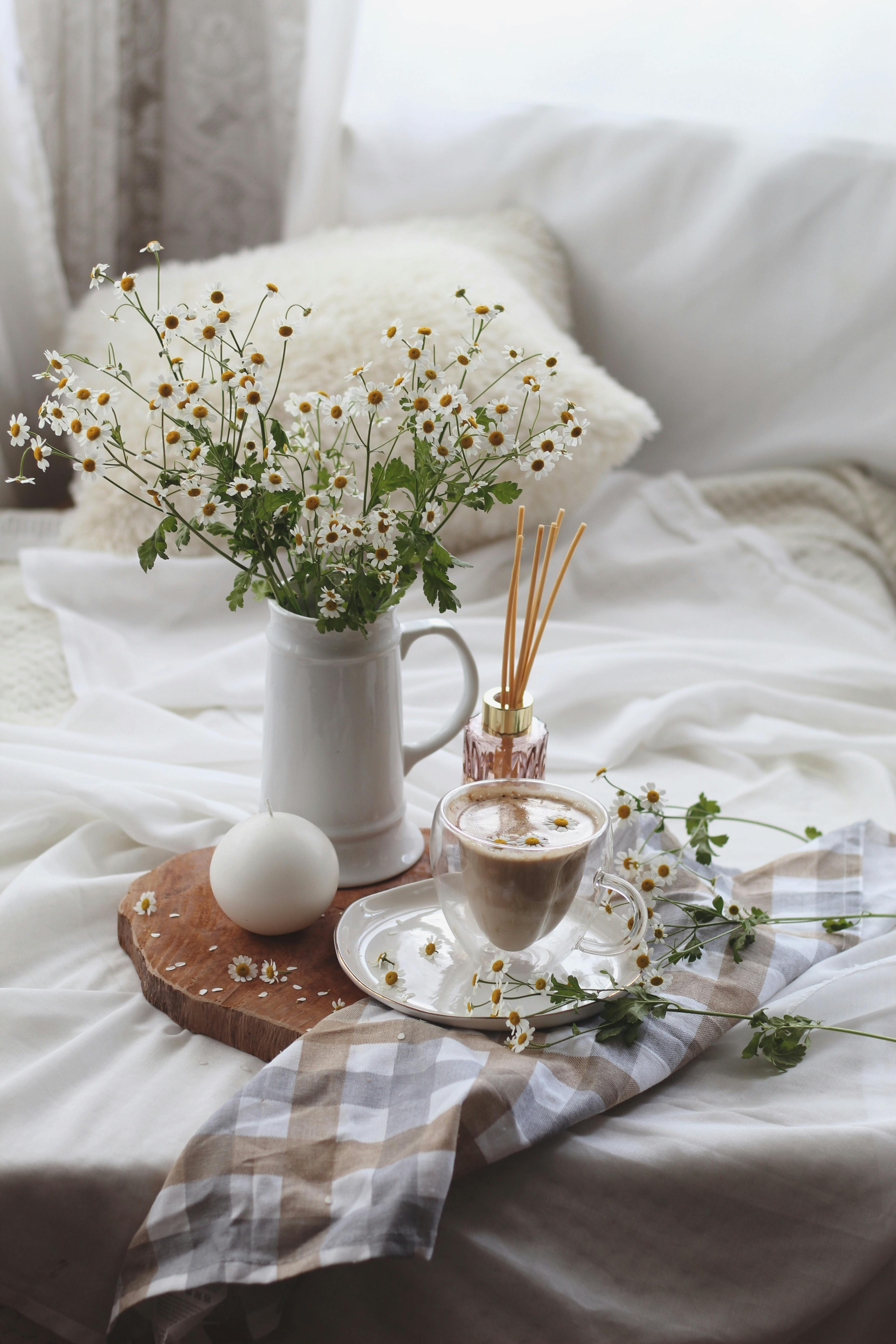 White Flower In A Vase With Coffee And Orange Juice On Table Stock Photo -  Download Image Now - iStock