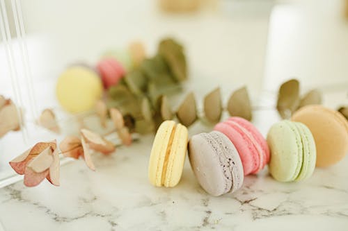 French Macarons Beside the Decorative Leaves