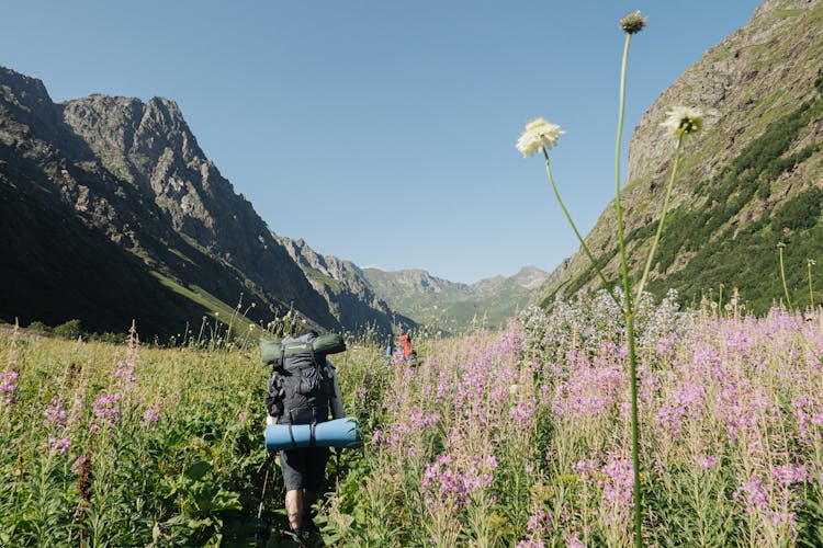 People With Backpacks Hiking In Mountains