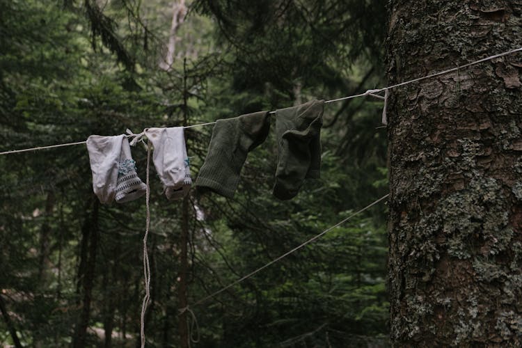 Green And White Socks Hanging On Rope