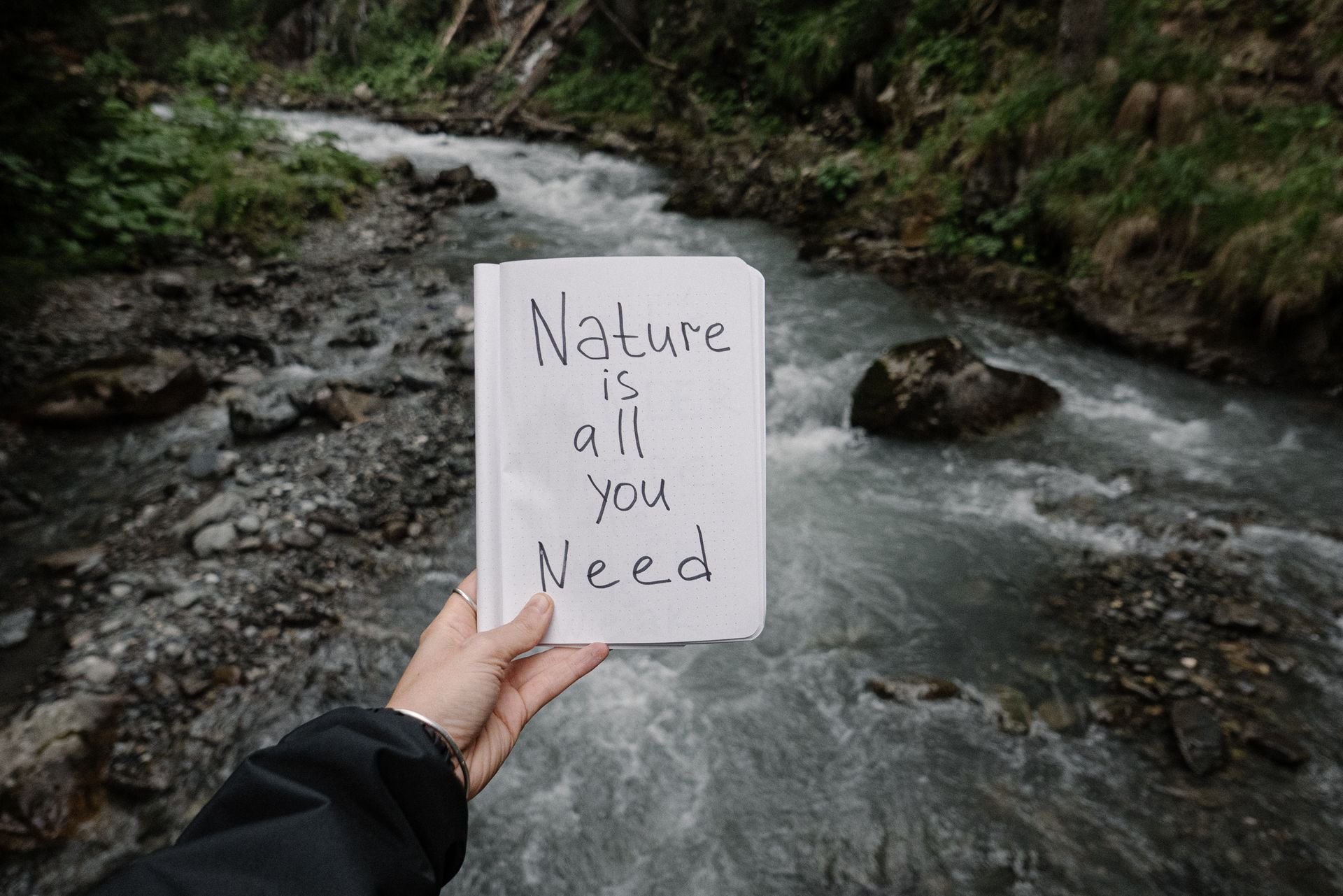 Hand holding a notebook with nature quote by a scenic river surrounded by greenery.