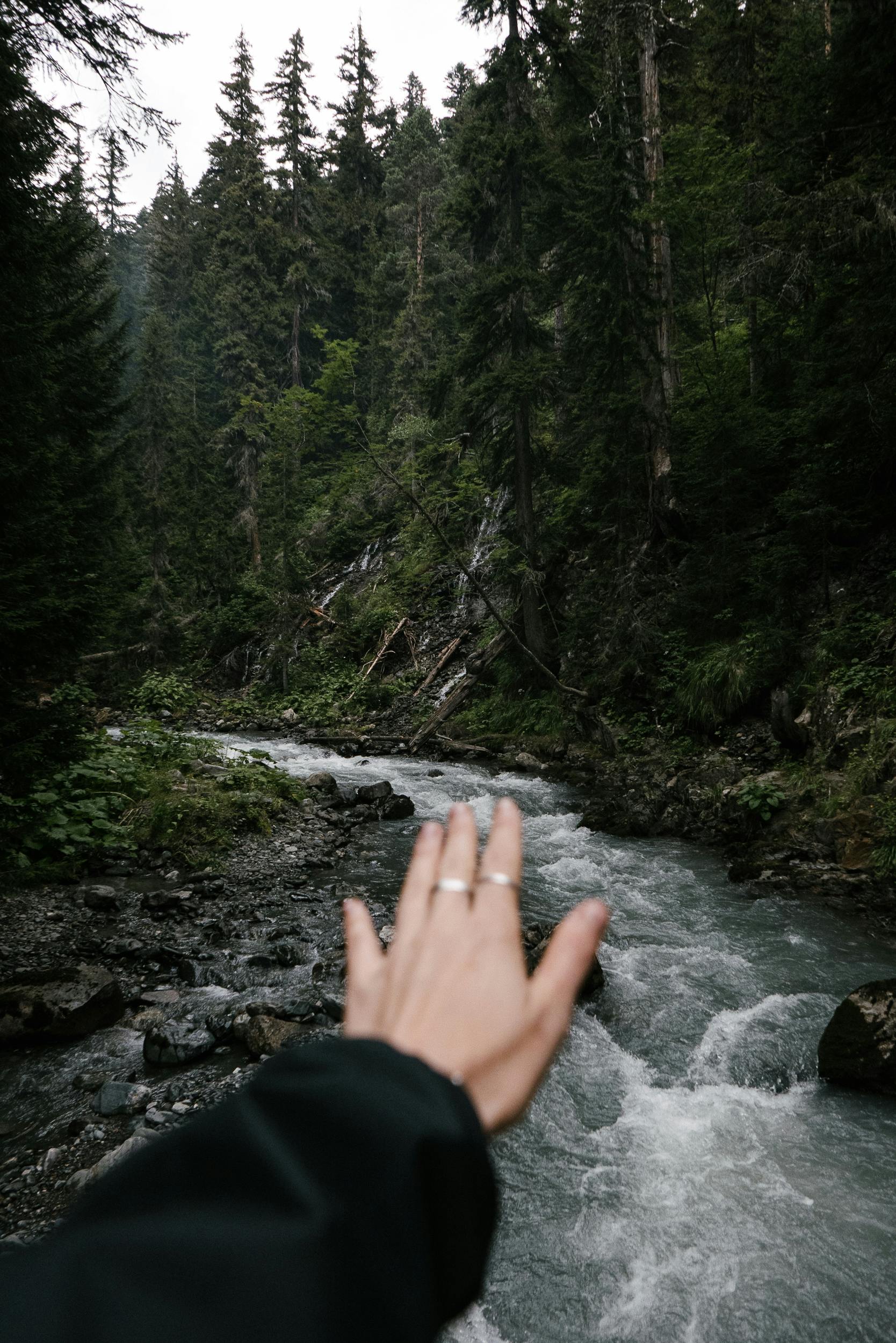 A hand reaching towards a flowing river in a tranquil forest, capturing nature's beauty.