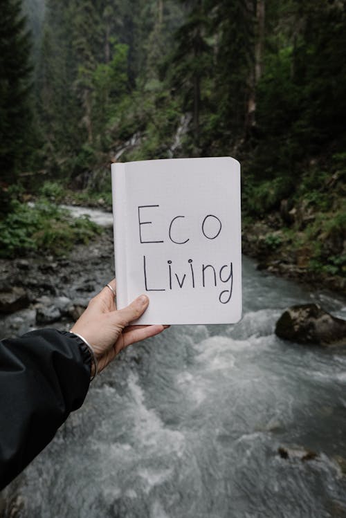 Person Holding a Notebook with a Text "Eco Living" on the Background of a River in a Forest 