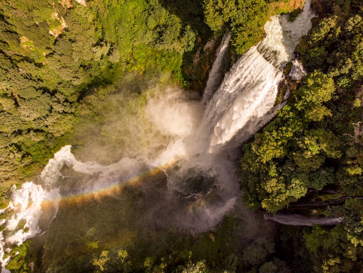 Rainbow Over The Waterfall In Trees