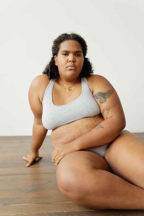 Free Empowered plus size woman posing confidently in stylish lingerie, embracing body positivity. Stock Photo