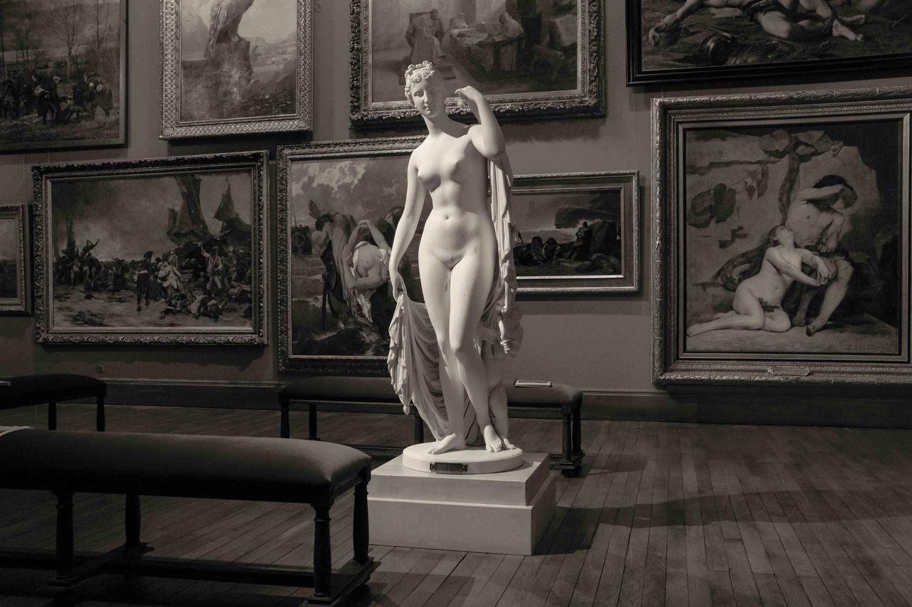 grayscale image of a classic sculpture in a french art gallery emphasi
