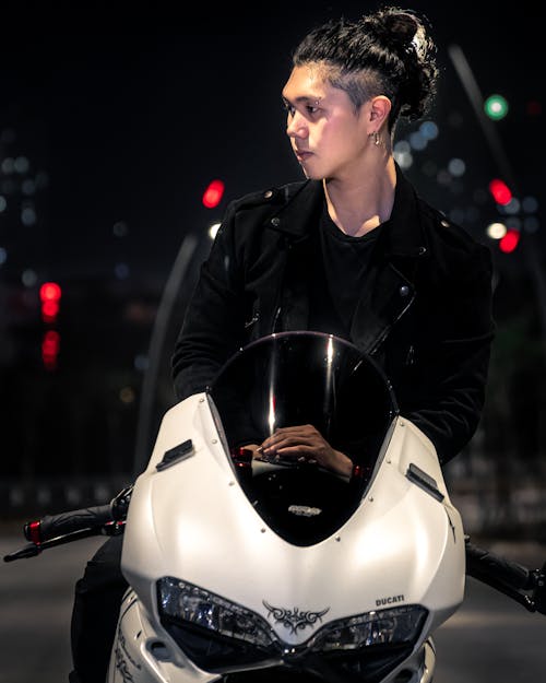 Free stock photo of biker, black hair, black jacket