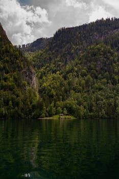 Stunning mountain view of a dense forest reflected in a serene lake.