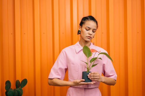 Woman Holding a Potted Plant