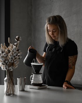 A woman barista brewing coffee with a pour-over set in a stylish cafe.