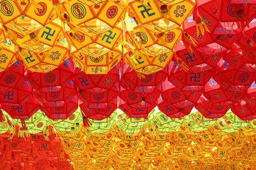 Free Vibrant Asian lanterns illuminate Samgwangsa Temple, Busan, celebrating Korean Buddhism. Stock Photo