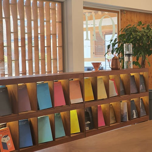 Free Kettle and Cups over Bookshelves  Stock Photo