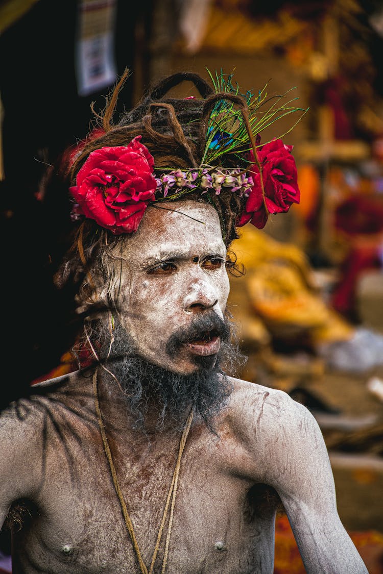 Tribal Man With Flowers On Head