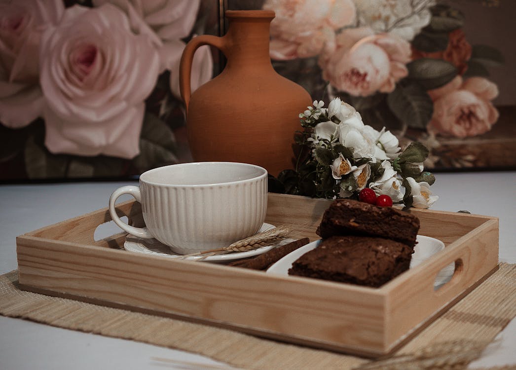 Free White Ceramic Cup and Saucer on Wooden Tray Stock Photo