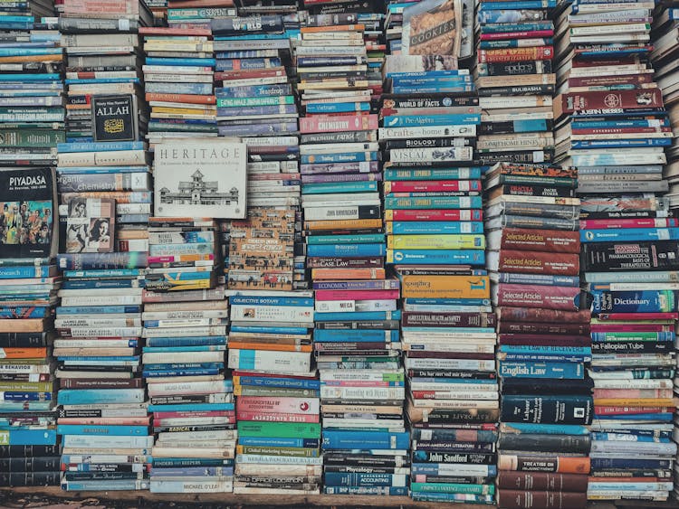 Stack Of Books On Wooden Shelf