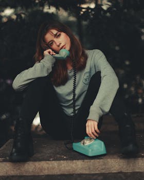 Young woman in a gray sweater sits on the floor, talking on a vintage telephone.