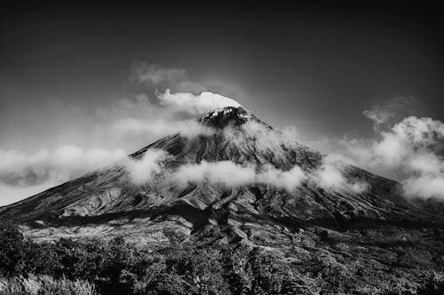 Grayscale Photo of Volcano