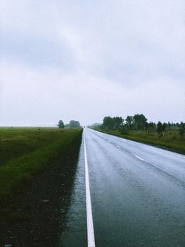 A quiet, empty road vanishes into the distance, bordered by lush green fields under a cloudy sky.