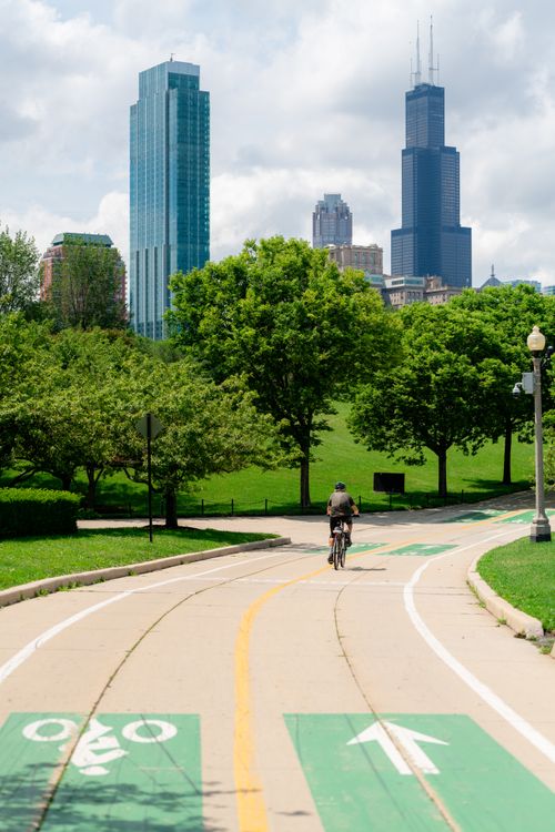 Free A cyclist rides on a bike path surrounded by lush green trees and city skyscrapers on a sunny day. Stock Photo