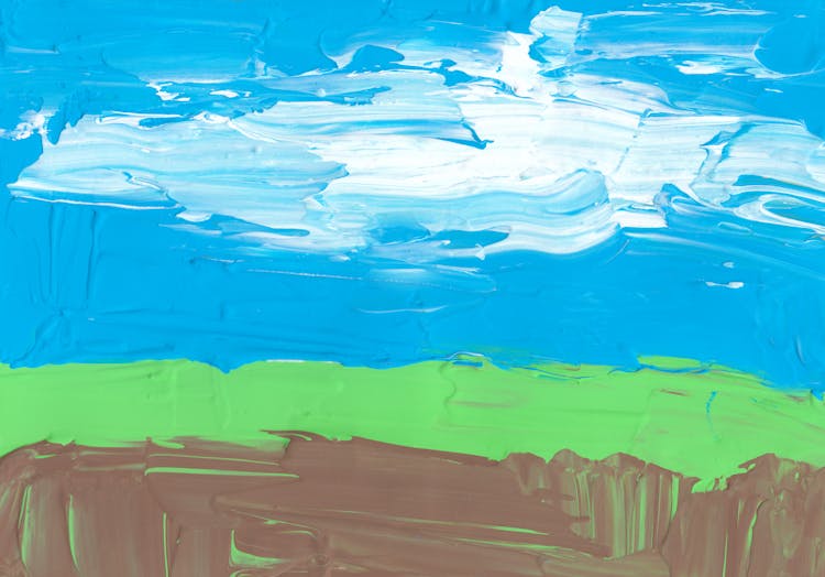 Gouache Painting Sketch Of Sky With Cloud And Green Lawn