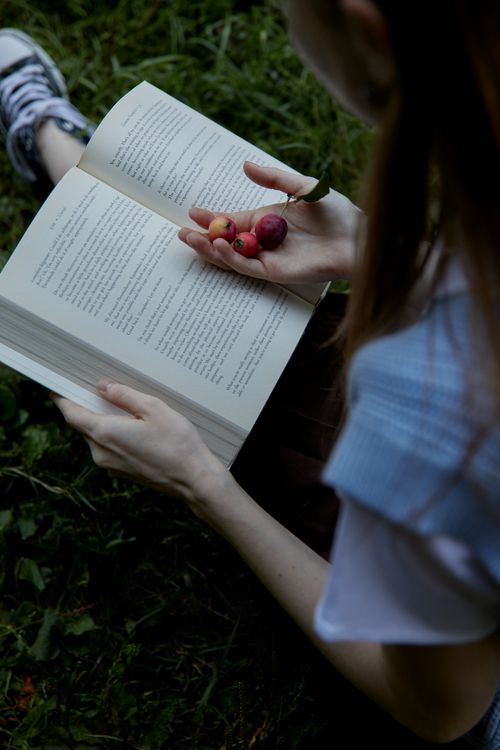 Free A person reading a book while holding small fruits, sitting on grass outside. Stock Photo