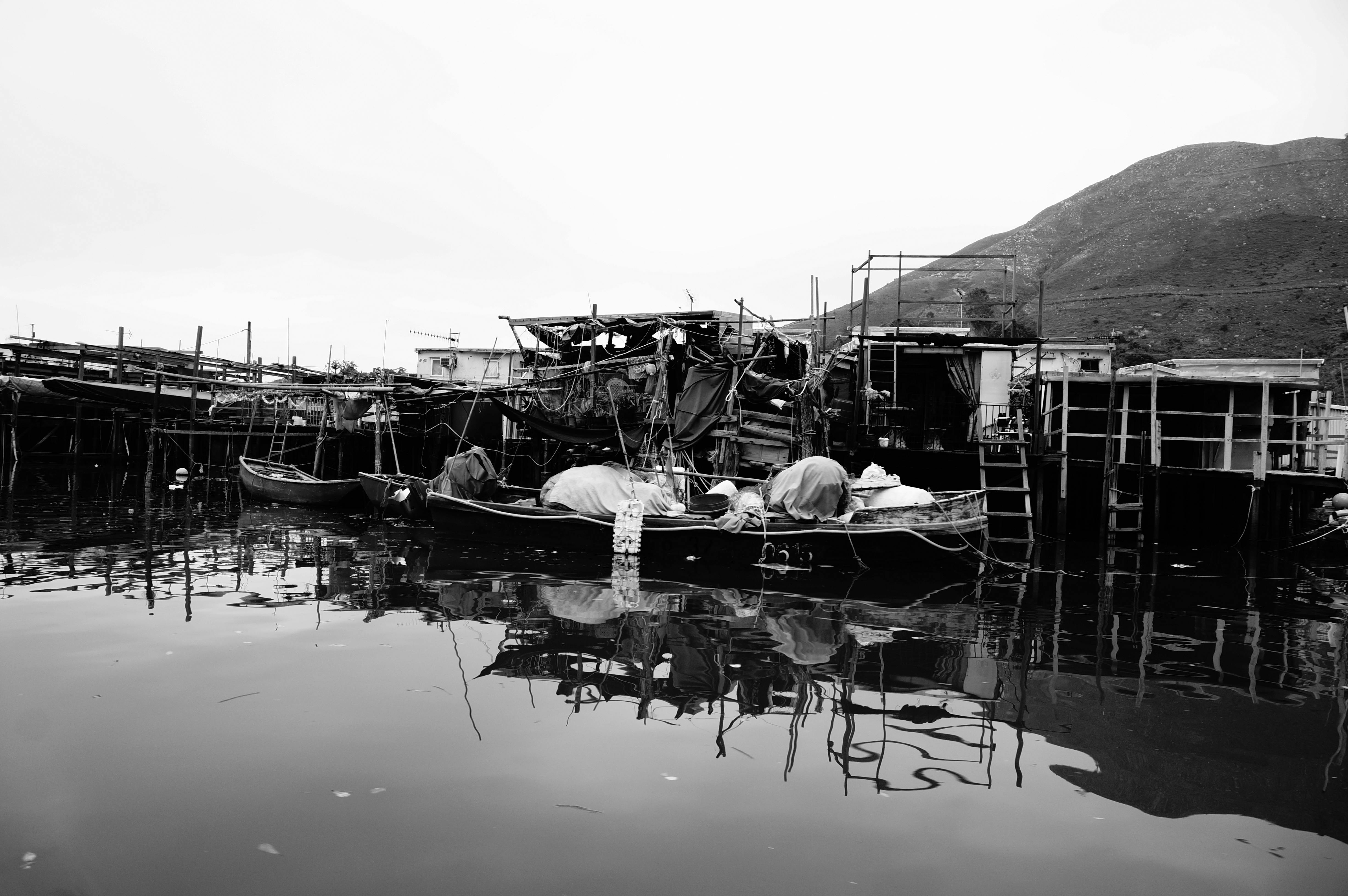 Free stock photo of black and white, boats, fishing village