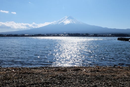 Scenic view of Mount Fuji over Kawaguchi Lake with clear skies and serene waters, perfect for travel inspiration.